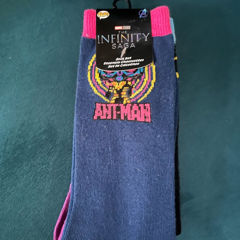 Funko Pop Blacklight Infinity Saga socks; Ant-Man, Black Panther, Captain Marvel